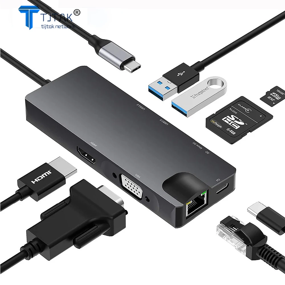 

USB Type C Hub Docking Station to HDMI 4K RJ45 Gigabit Ethernet VGA PD SD TF Card Reader USB-C HUB Adapter Splitter for Labtop