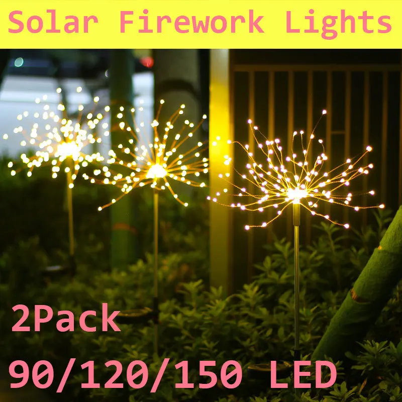 

2Pack Outdoor LED Solar Firework Lights 90/120/150 LED Waterproof String Fairy Light For Home Garden Street Christmas Decoration