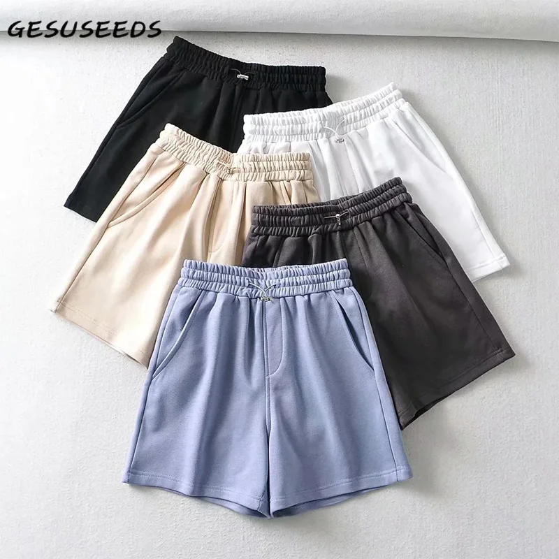 

Шорты женские повседневные с завышенной талией, Велосипедки, спортивные короткие штаны на шнуровке, черные белые синие уличная одежда, на л...