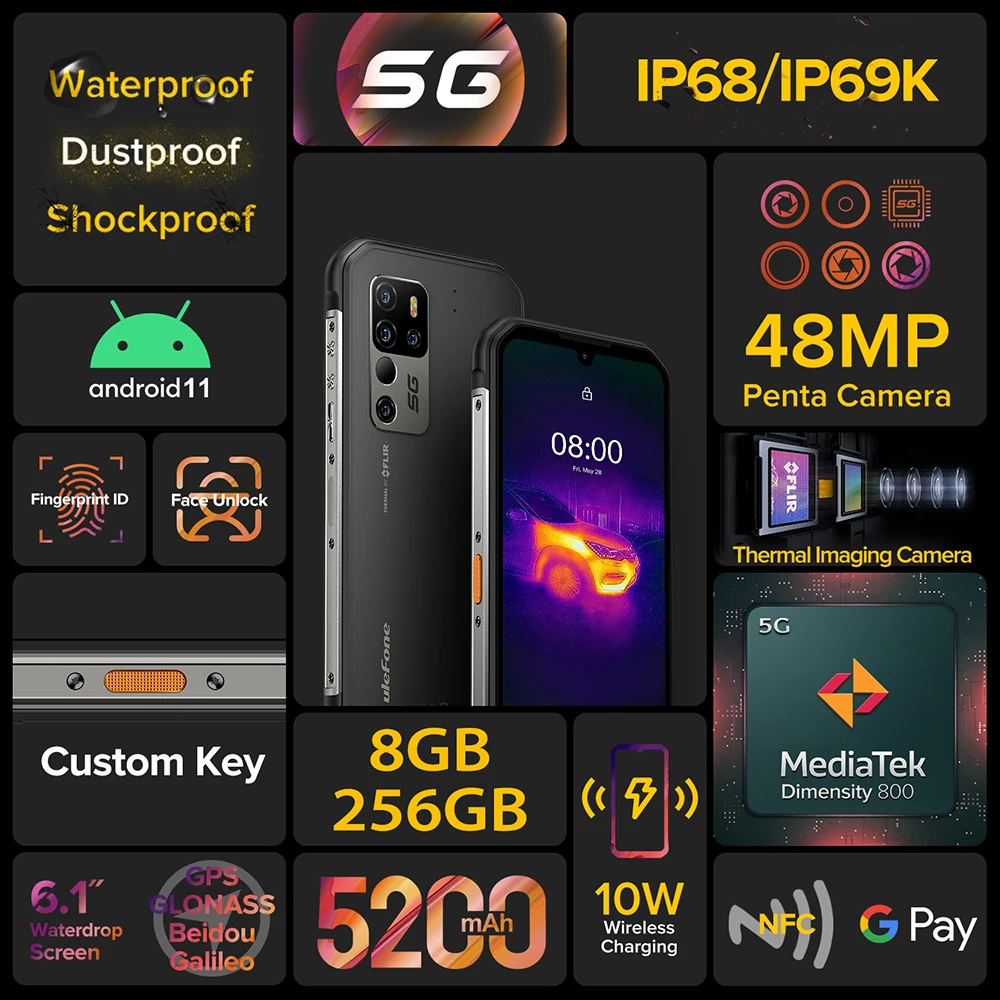 Ulefone-tel&eacute;fono m&oacute;vil resistente Armor 11T, 5G, FLIR&reg;C&aacute;mara de imagen t&eacute;rmica, tel&eacute;fono m&oacute;vil Android 11, 8GB, 256GB, resistente al agua-1