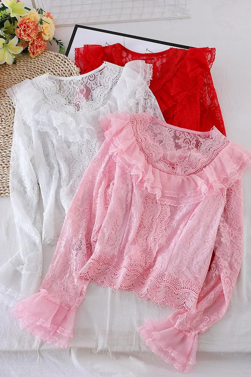 

2033 Super Fairy Sweet V-neck Lace Shirt Long Sleeve Autumn New Retro Ruffle Top Flared Sleeve Western Style Shirt