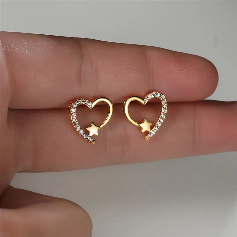 

Cute Female Crystal Zircon Stone Earrings Vintage Rose Gold Color Wedding Earrings Small Double Heart Stud Earrings For Women