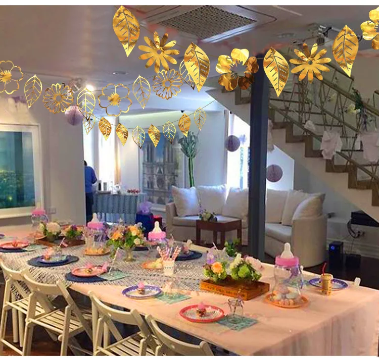 Золотой Серебряный ажурные цветы листья баннер день рождения тянуть флаг