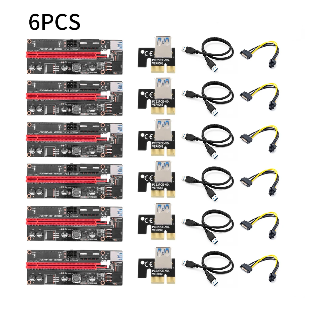 

Новое поступление, Райзер PCI-E, 6 флешек, USB 3,0, Pci-E Райзер Ver 009S, экспресс, 1X до 16X Райзер-адаптер, 15-6-контактный кабель питания