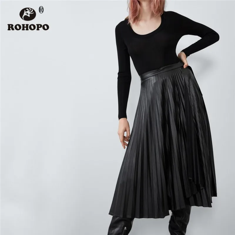 ROHOPO искусственная кожа плиссированная черная юбка миди пояс градиентный подол