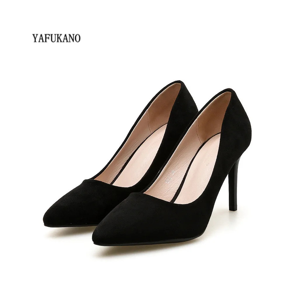 

Temperament Black Flock Career Work Shoes 5cm 7cm Brand Women Pumps Pointed Toe Dress Shoes Lady Thin High Heels Plus Size 34-41