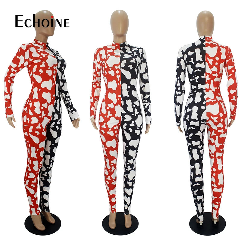 Женский комбинезон из спандекса с длинным рукавом и принтом коровы |