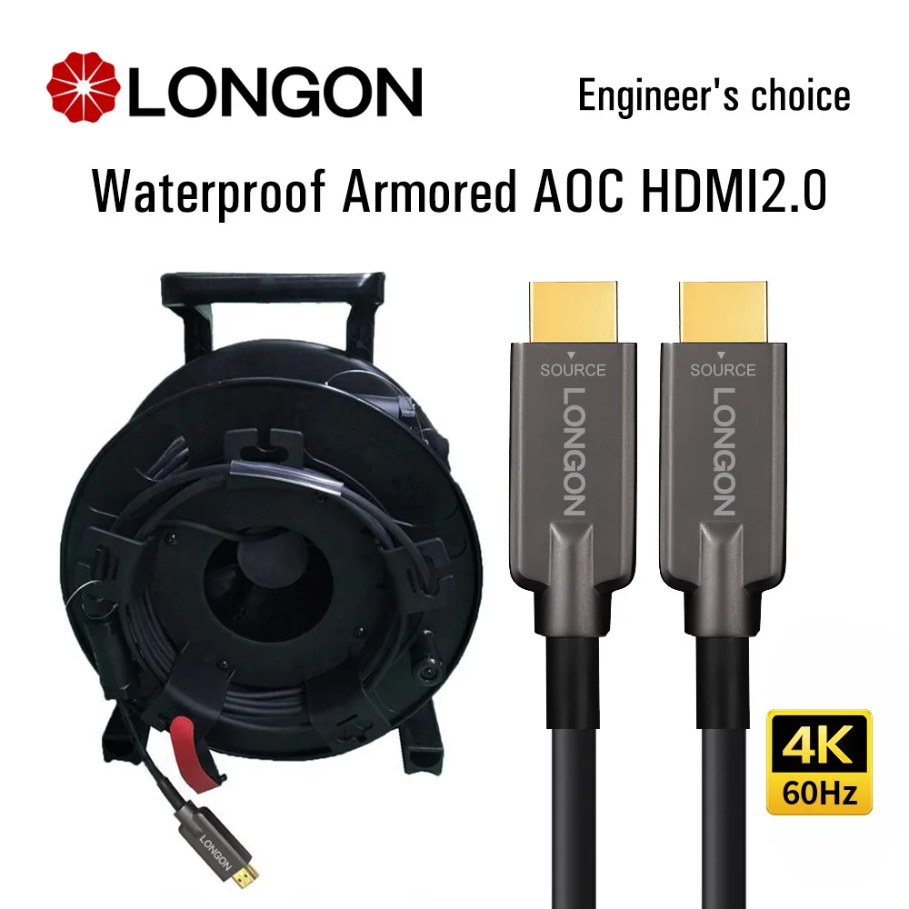 

LONGON Waterproof Armor 4K HDMI 2.0 Active Fiber Optic Cable 4K 60Hz 18Gbps ARC for TV Projector PS5 rtx3090 10m 15m 50m 100m