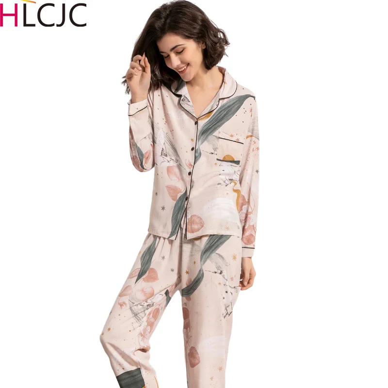 Женская Повседневная Пижама из 100% вискозы с отложным воротником и длинными