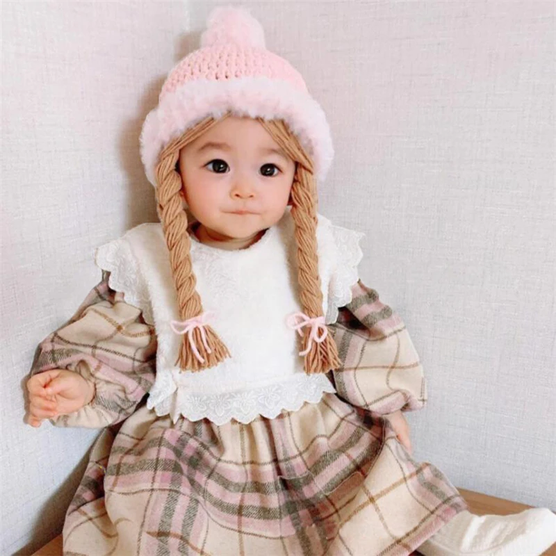 Baby Girl Knitted Wig Hats Cute Winter Warm Hat With Plait Children Pompom Woolen Knitting Hat Braid Handmade
