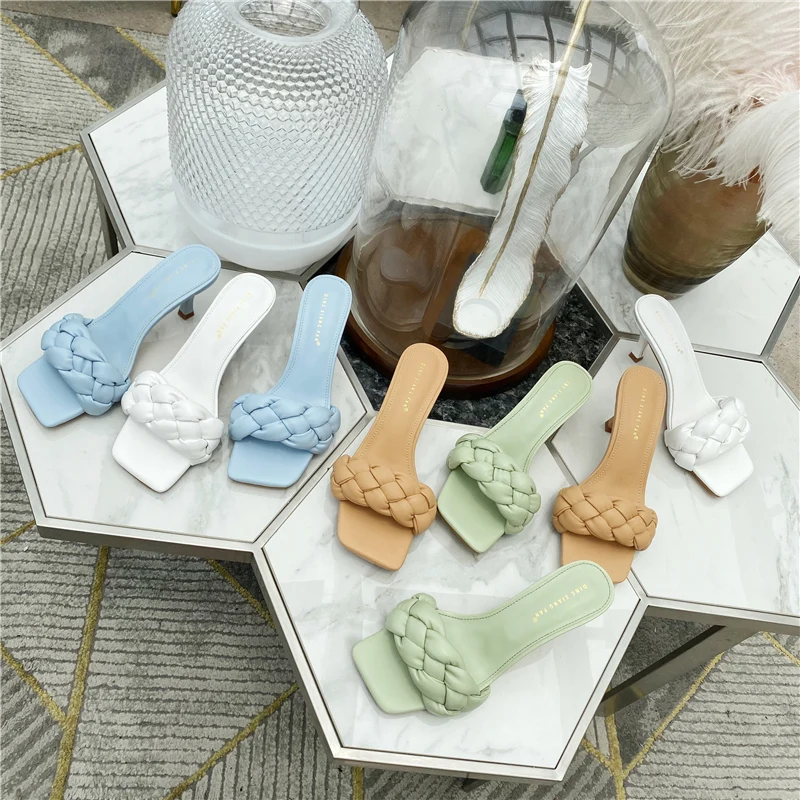 Мюли женские на каблуке 9 см модные туфли без задника низкий каблук тапки