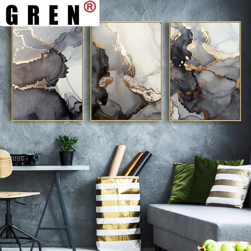 

GREN Abstract Golden Luxury Canvas Painting Watercolors Picture Wall Art Minimalist Poster and Print for Living Room Home Decor