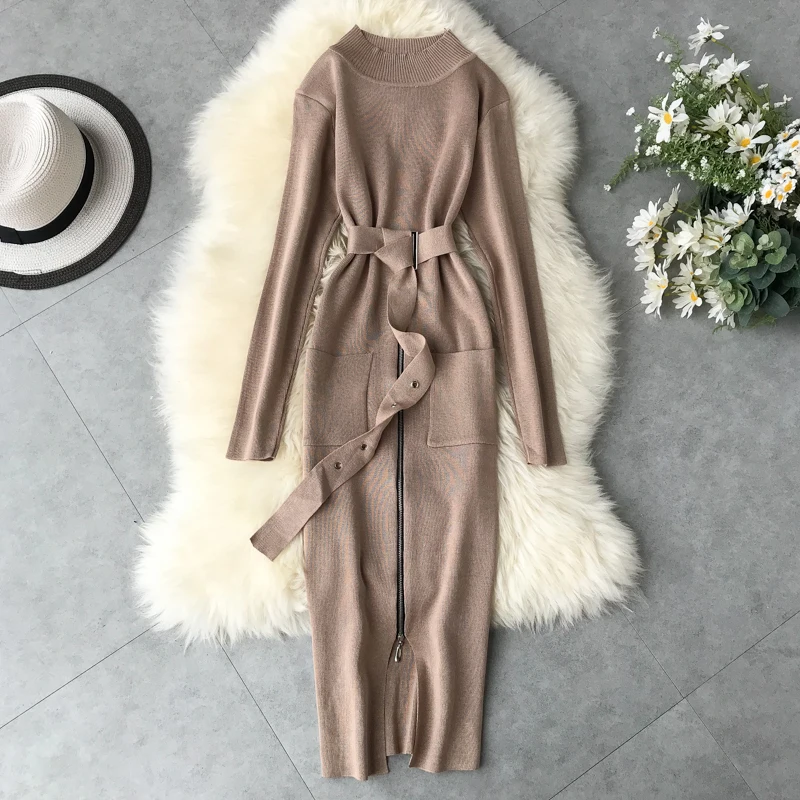 2019 Новое модное женское трикотажное платье с воротником стойкой и разрезом на