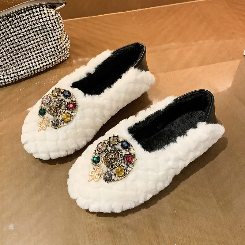 

Moccasin Shoes Loafers Fur Round Toe Casual Female Sneakers Autumn Slip-on All-Match 2020 Fashion Women's Moccasins Fall New