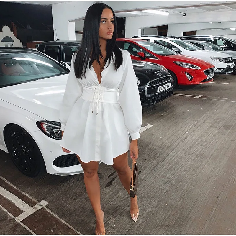 

Office Lady Women Femal Ladies Long Sleeve Deep V Shirt Dress Sexy Mini Beach Dress Elegant Sexy Party Dress With Belt New