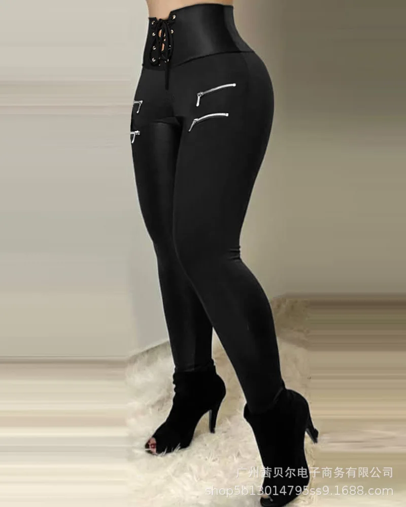 

Женские длинные брюки-карандаш, Новые облегающие брюки на молнии со шнуровкой, однотонные модные осенне-зимние женские брюки с высокой тали...