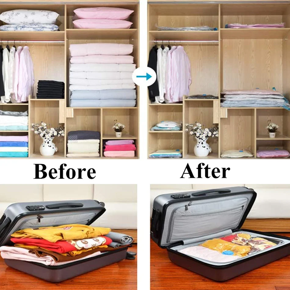 

Durable Vacuum Storage Bags For Clothes Pillows Bedding Blanket More Space Save Compression Travel Hand Pump Seal Zipper