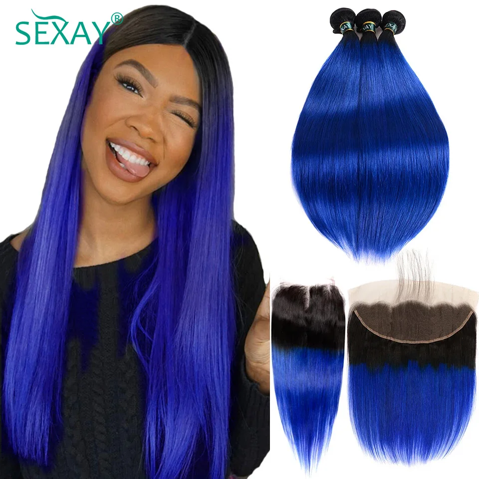 

Sexay Blue Hair 4 Bundles With Frontals Pre Plucked 10-28 Inch Ombre Brazilian Human Hair Weave Bundles With 4x4 Lace Closure