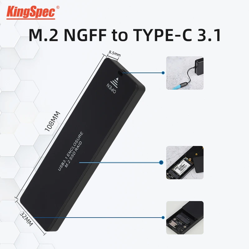

KingSpec Aluminum SSD Enclosure M2 / NGFF to USB3.0 M.2 Solid State NGFF Drive Hard Disk Adapter HDD Box Support 2242/2260/2280