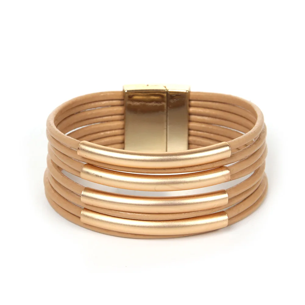 

ORNAPEADIA Multilayer Thin Belt Copper Tube Bracelet for Womne Bohemian Leather All-match Bracelet Magnetic Buckle Girls Jewelry