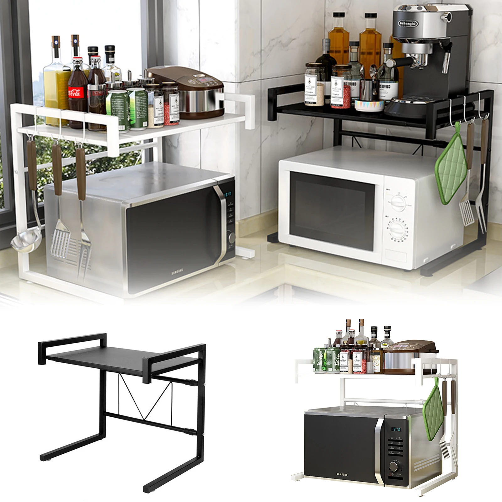

2Tier Microwave Oven Rack Stand Shelf Carbon Steel Kitchen Home Storage Organiser Multifunctional Telescopic Microwave Oven Rack
