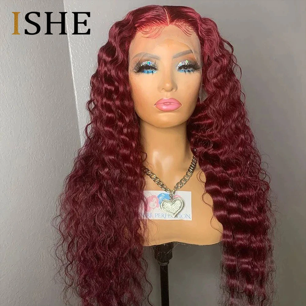 Парик из натуральных вьющихся волос 30 дюймов 99J красный бордовый прозрачный с