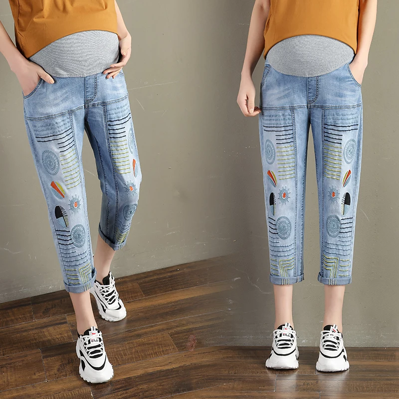 Брюки для беременных с вышивкой повседневные свободные хлопковые брюки до