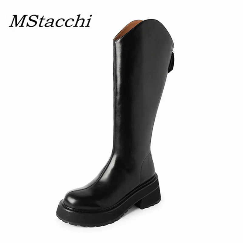 

MStacchi Classics Women's Long Boots Crude Heel Street Style Round Toe Comfortable Knee-length Boots SexyLeather Sapato Femenino