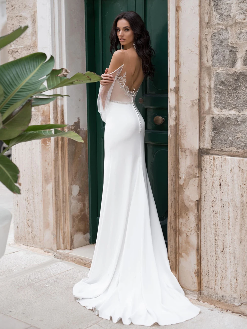 2021 New Mermai Wedding Dresses Illusion O Neck Off Shoulder Backless Detachable Shawl Beading Appliqued Crystal Bridal Gowns