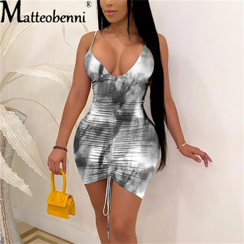 

Sexy Women Summer 2021 New Sling Sleeveless Deep V-Neck Fashion Tie-Dye Drawstring Hip Slim Mini Ladies Dress Female Vestidos