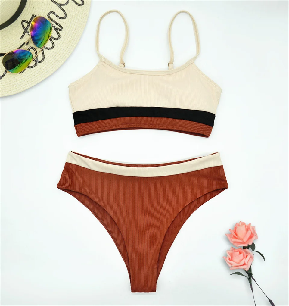 

New Women Backless Mixed Colors Swimwear High Waist Padded Bra Straps Push Up Female Bikini Beach Bathing Suits Sexy Swimsuit