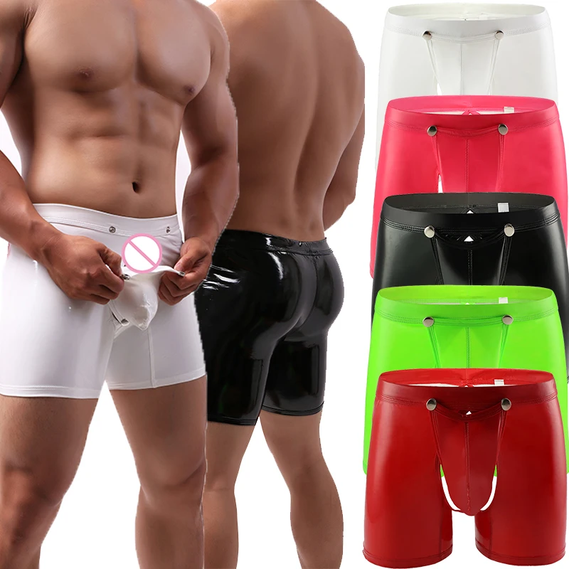 

Sexy Men Boxer Shorts Lingerie Open Crotch Penis Pouch Underwear Gay Panties Calzoncillos Hombre PU Leather Boxershort Plus Size