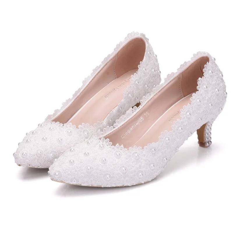 Sexy Pumps Wedding Women Fetish Shoes women pumps Party banquet Lace PU Rhinestones Slip On 5CM Thin High Heels Pointed Toe