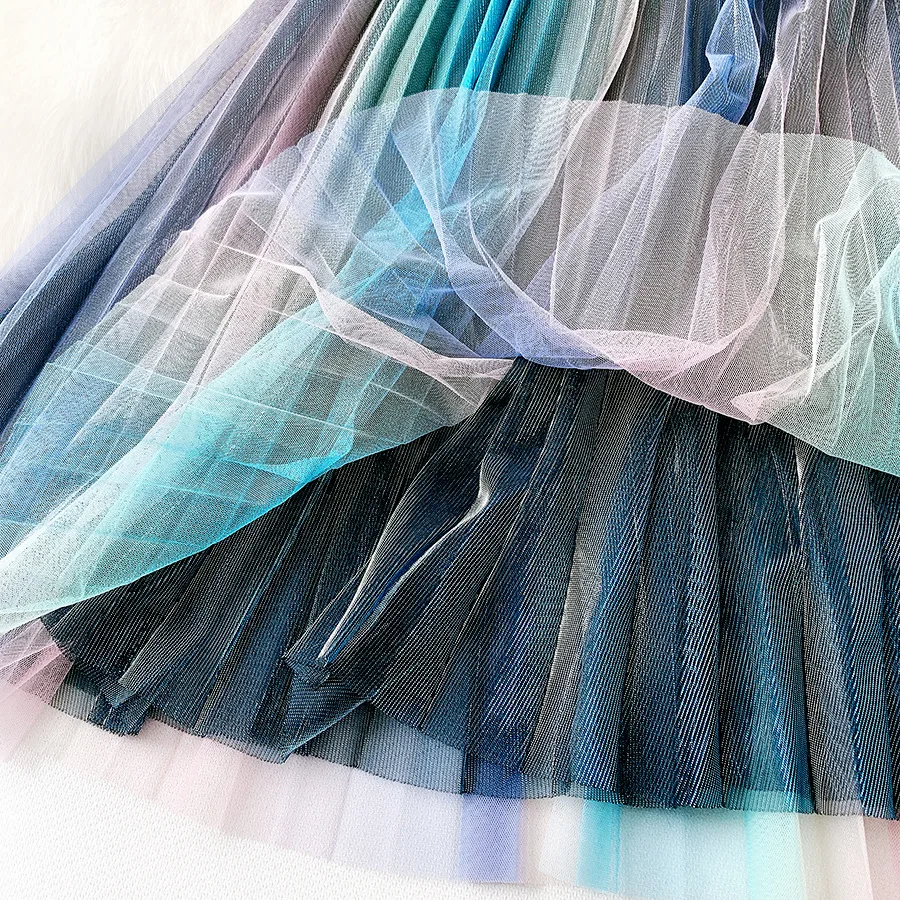 

Colorful Gradient Metallic Mesh A-line Pleated Skirt, High Waist, Thin New Style, Rainbow Skirt, European and American Style