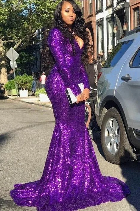 

Purple Sequined Long Mermaid Prom Dresses New Long Sleeve V Neck Sweep Strain Sparkly Simple Formal Evening Dress Party Gowns