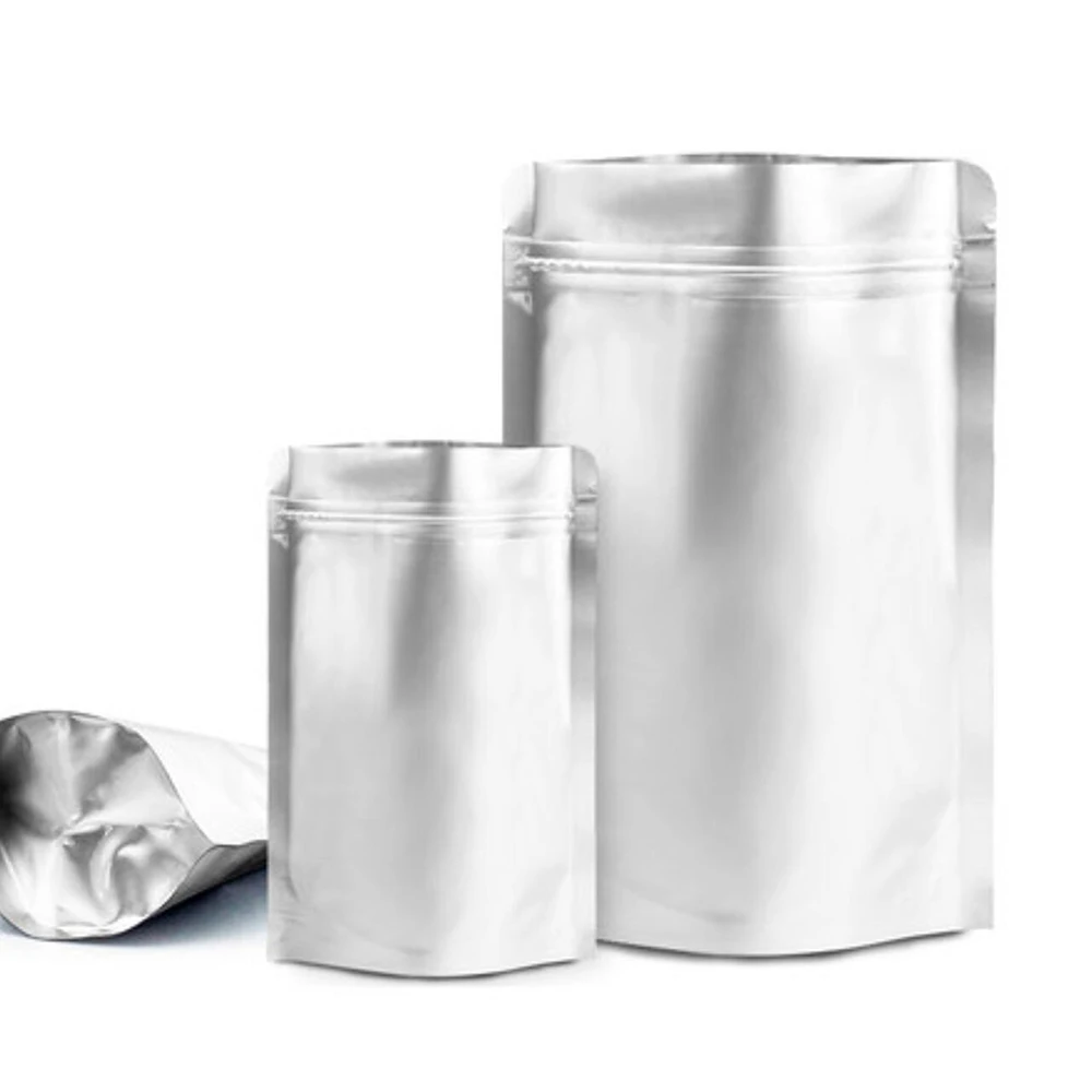 100 шт./лот стоячий мешочек из серебристой алюминиевой фольги на молнии для