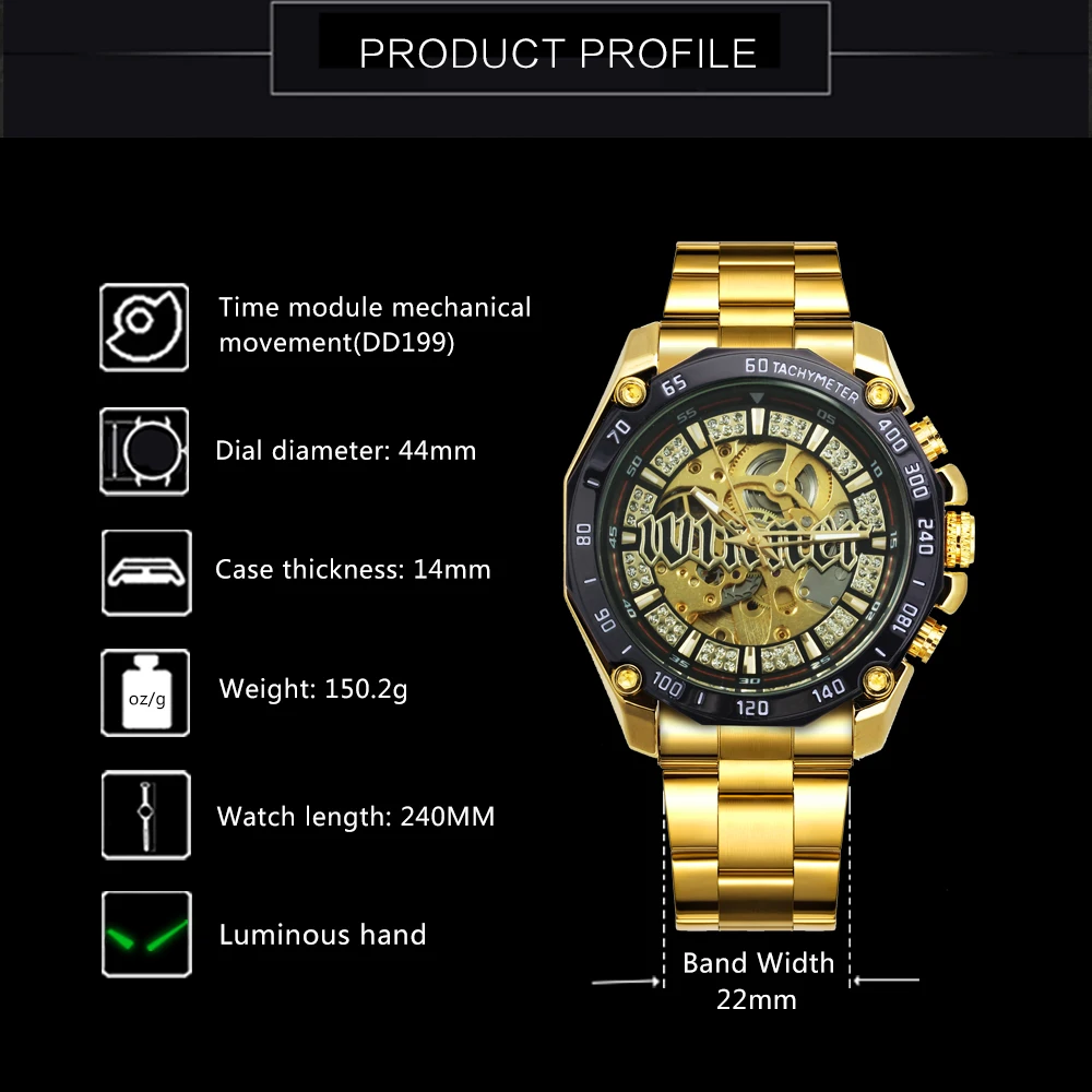 Winner золотые автоматические часы для мужчин хип-хоп кристалл Iced Out Механические