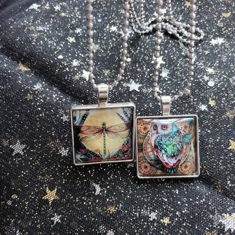 Окрашенная Сова голубое насекомое стрекоза стеклянный кулон ожерелье