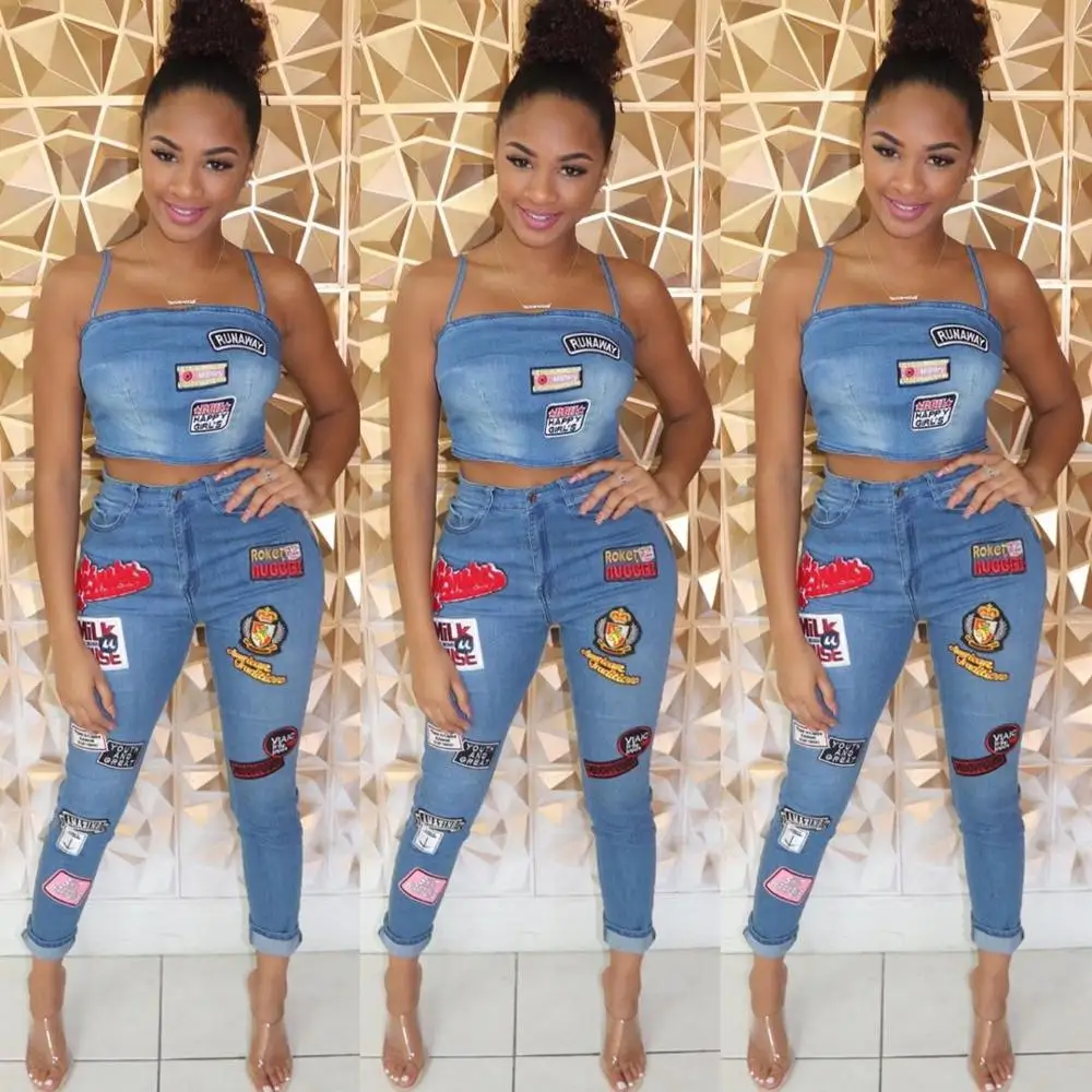 

2020 Cartoon Patch Cuffed Women Jeans Sets Straps Short Crop Top and Jeans 2 Piece Sets Casual Lounge Wear Women Outfits 13