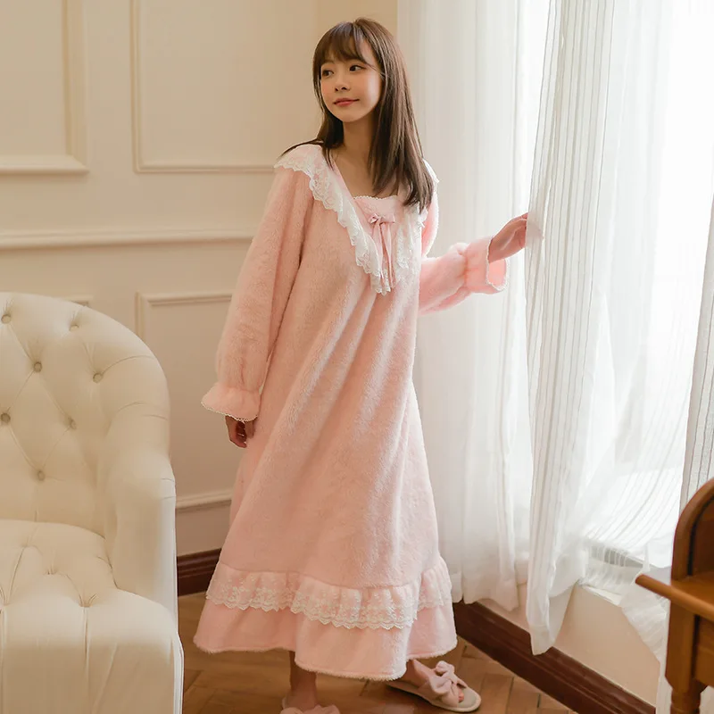 Autumn and Winter Thickened Flannel Nightdress Princess Style Sweet Coral Velvet Korean Cute Nightdress Women Long Sleep Tops