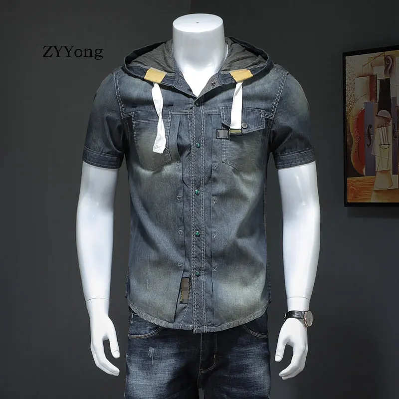 Summer European Style Cotton Hooded Bomber Short Sleeve Blue Thin Denim Shirt Men Jean Coat Streetwear Fashion Cowboy Clothing