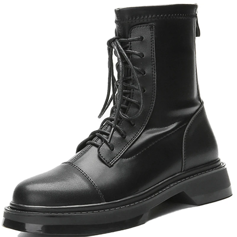 

2021 Fashion Genuine Leather Long Motorcycle Boots Women Autumn Winter Lace-Up Knee High Botas for Female Lace-up Martin Booties