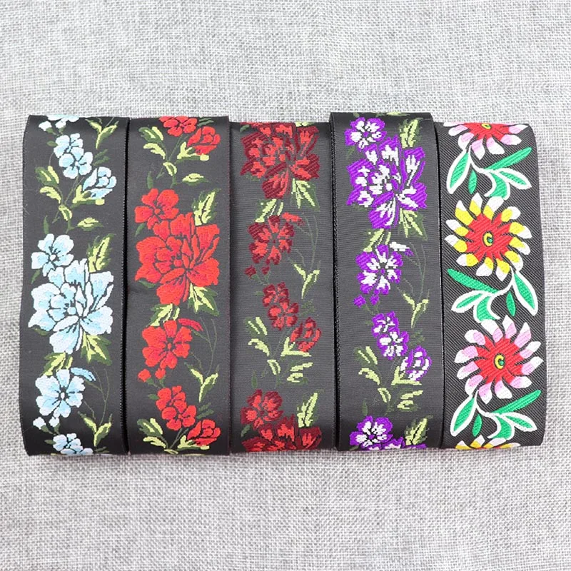 

7 Yards 5CM Red Purple Flowers Ethnic Embroidered Jacquard Ribbons Trim Lace Fabric DIY Handcraft Apparel Bag Curtain Decoration