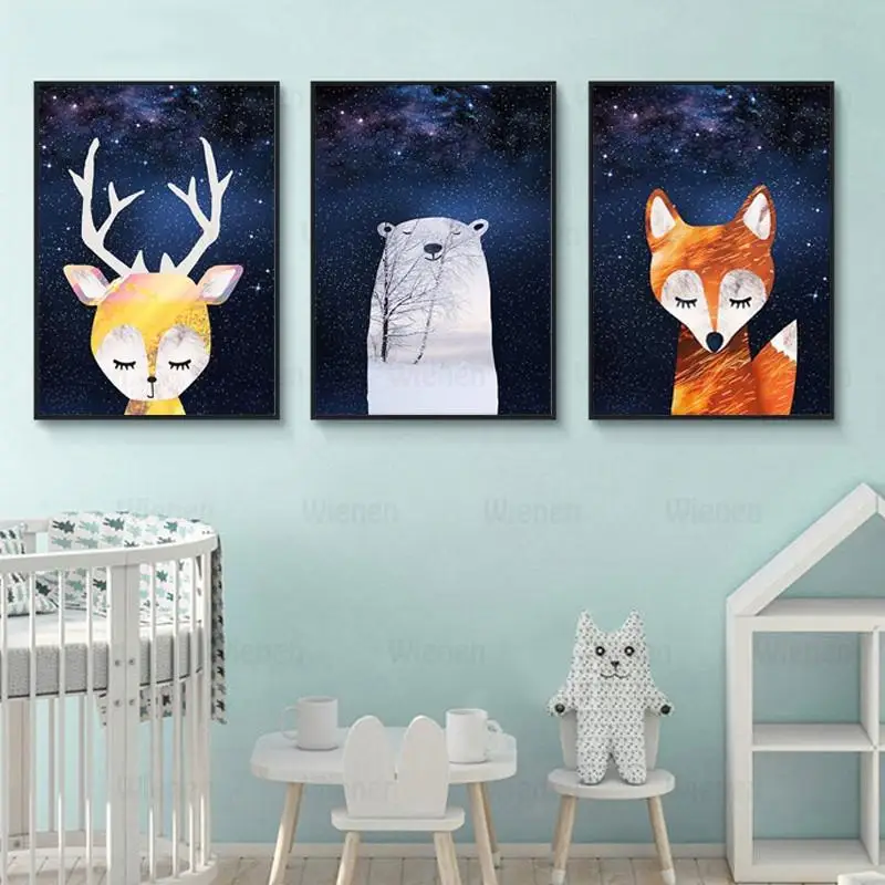 

Nursery Baby Kids Room Decor Cartoon Poster Fox Bear Deer Wall Art Animal Canvas Print Painting Star Sky Background Picture
