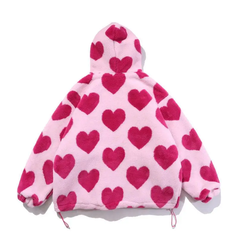 

Cute Heart-shaped Printed Hoodie Ladies 2021 Casual Lamb Wool Winter Drawstring Pocket Zipper Hooded Warm Couple
