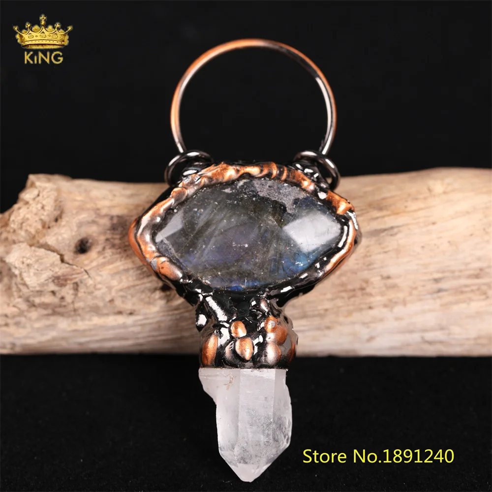 

Кристальные Бронзовые Подвески и подвески, лечебный кристалл с шестиугольной точкой, выложенный лабрадорит, подвеска из драгоценного камня