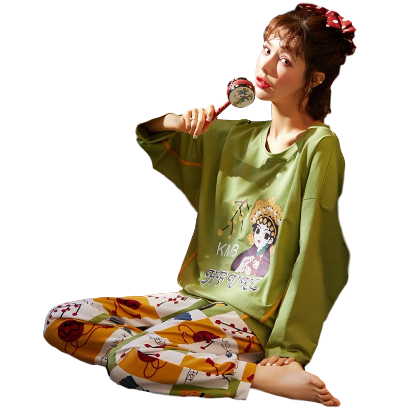 

Female Full Cotton Pajamas Chinese Style Drama Pattern Pyjamas Set Long Sleeve Pijamas Mujer Pajamas Suit Female Sleep 2pcs/set