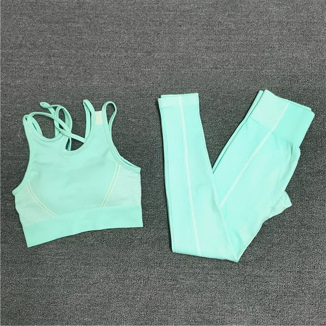 Seamless Sport Set Women 2 Pieces Crop Top Bra Long Leggings Sport Suit Workout Outfit Active Fitness Yoga Gym Wear