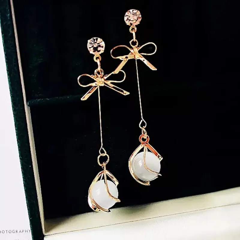 

Long Style Bowknot Opal Dangle Earrings Temperament Trendy Ear Jewelry