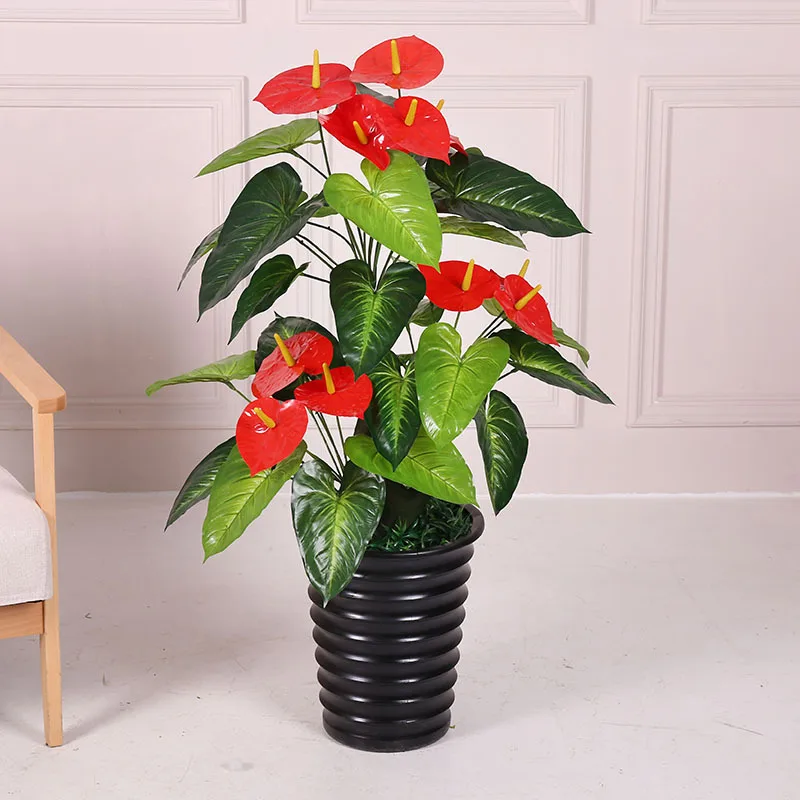 Decoraci&oacute;n de jard&iacute;n de 100cm, bons&aacute;i, plantas verdes, &aacute;rbol, flor falsa de pl&aacute;stico, simulaci&oacute;n de Anthurium, adornos de boda artificiales en maceta-4
